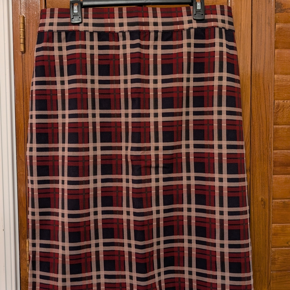 Eloquii Red & Navy Plaid Midi Pencil Skirt
